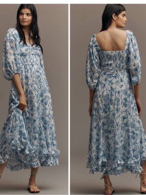 Hutch from Anthropologie Blue and White Floral Long Sleeve Dress